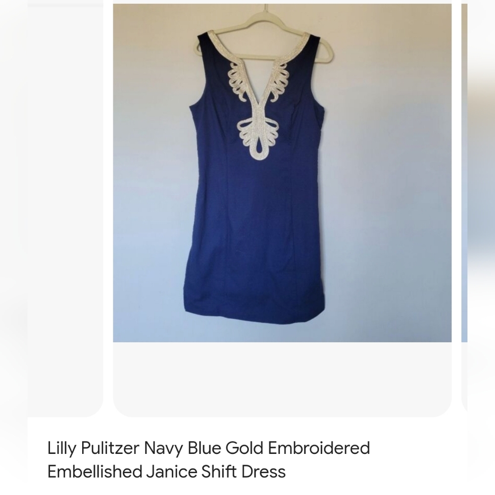 Lilly Pulitzer Navy Blue Gold Embroidered Embellished Janice Shift Dress, size 4